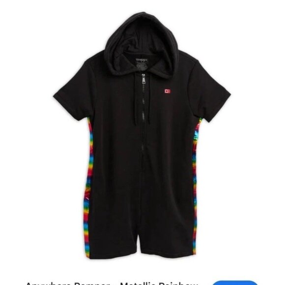 TomboyX Women's Size Large Metallic Rainbow Anytime Romper Pockets Hood Black - Picture 3 of 11